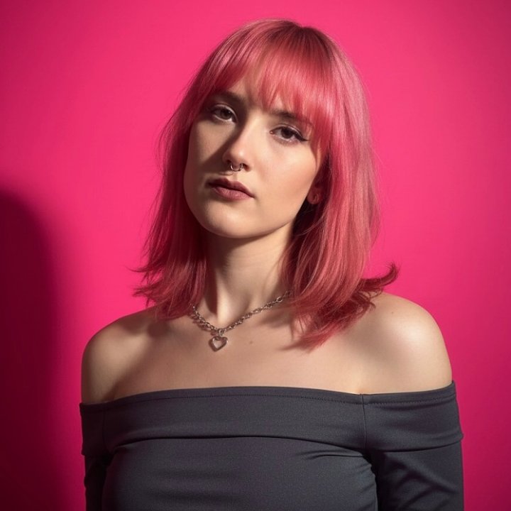 Thayná de Morais, with pink hair, looking at the camera.